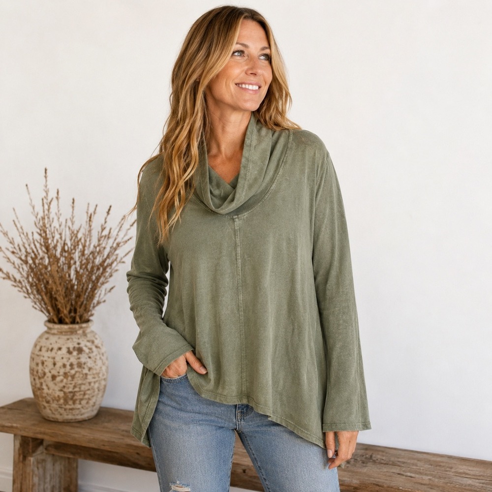 Earthbound Trading Top Womens‎ Size XL Cowl Neck Asymmetrical Mineral Wash Boho